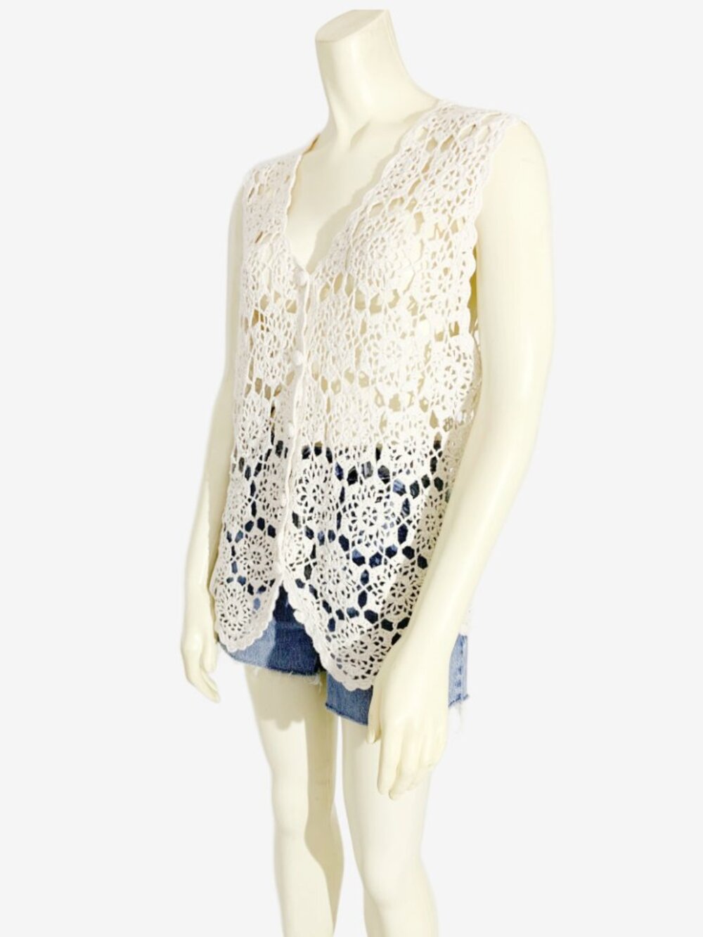 Vintage 1990s Beige Crochet Knit Button Front Vest / size Small - Medium